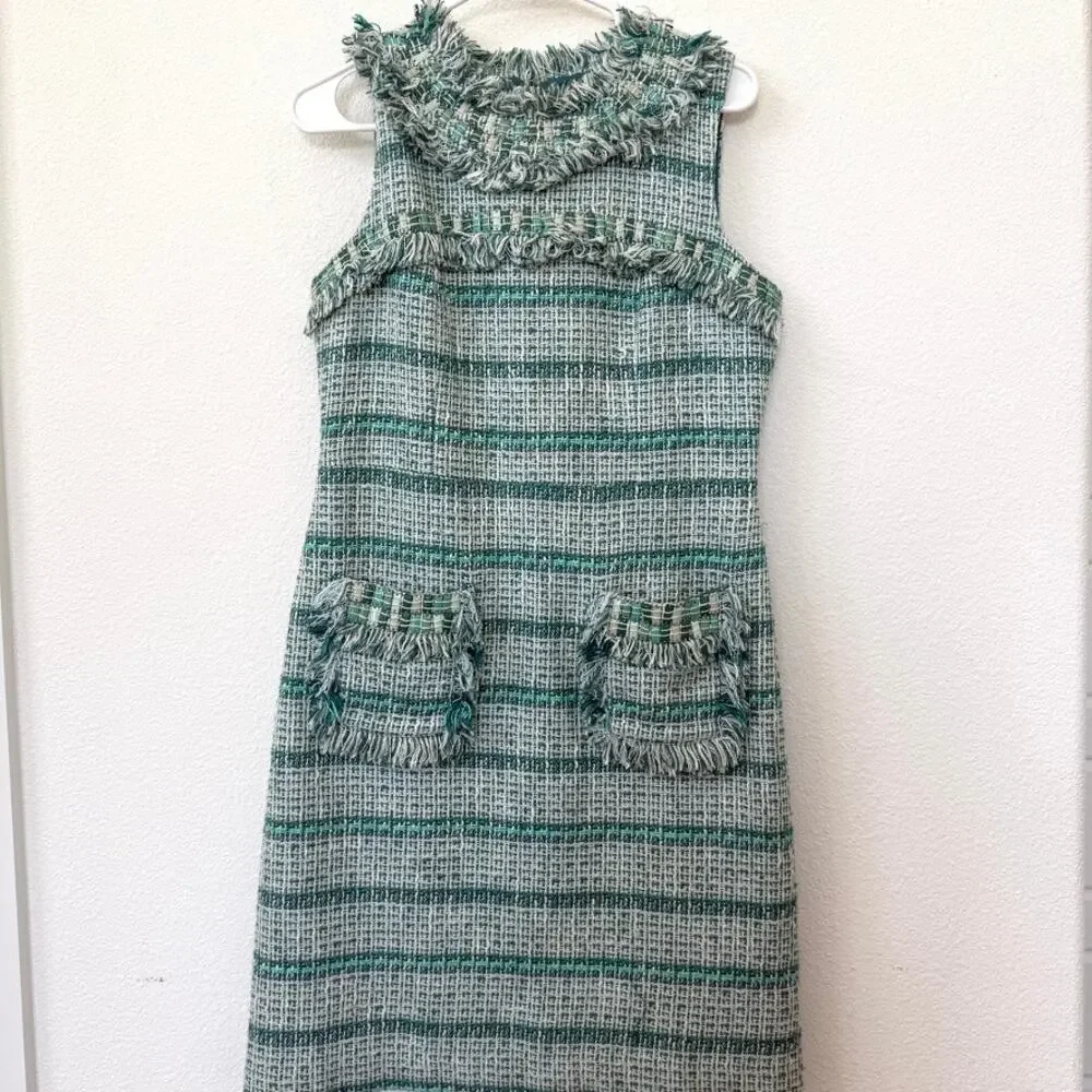 TORY BURCH Bouclé Tweed‎ Mini Dress Green Fringe Trim Sleeveless Pockets Sz 8